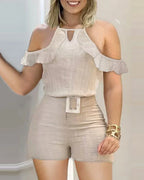 Ensemble deux pièces haut court uni sans manches, pantalon moulant taille haute et ceinture pour femmes