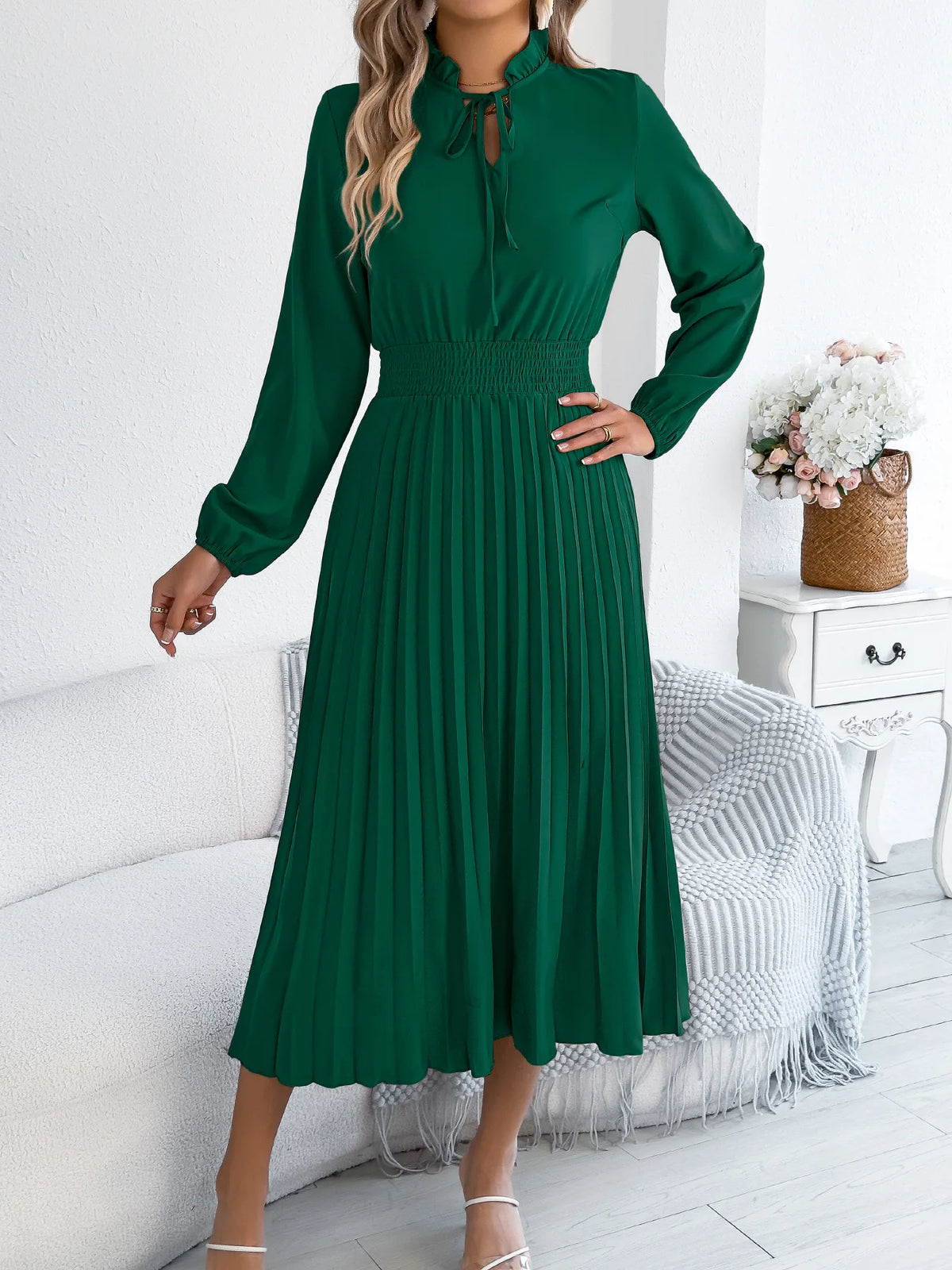 Robe Midi Plissée Femme – Manches Lanternes et Taille Smockée