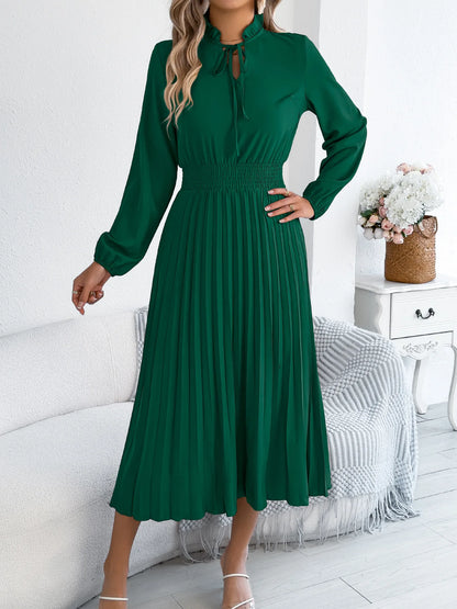 Robe Midi Plissée Femme – Manches Lanternes et Taille Smockée