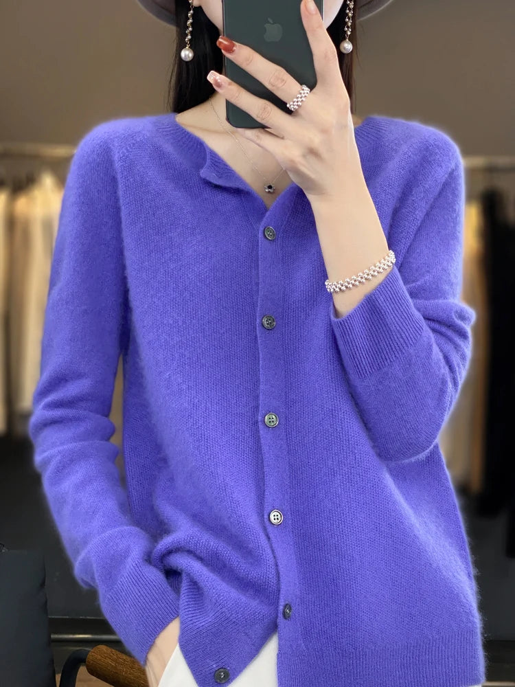 Cardigan à col rond en laine mérinos pour femmes