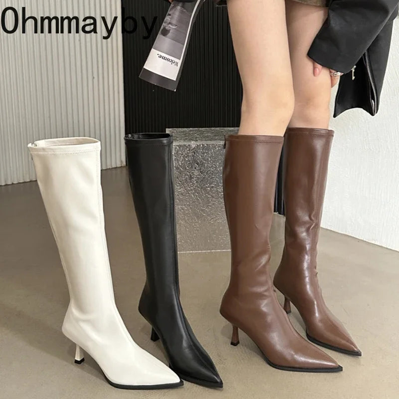 Bottes hautes en cuir souple à bout pointu pour femmes