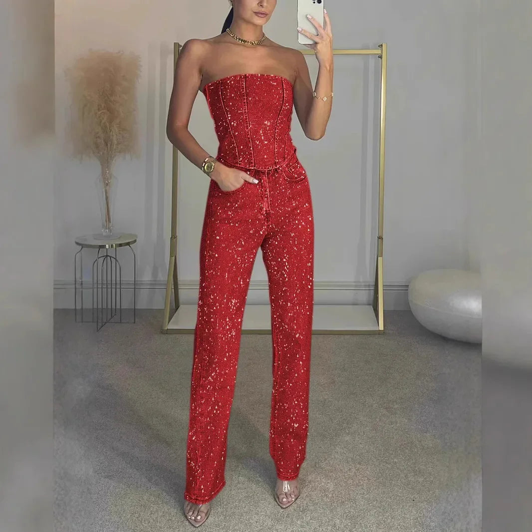 Ensembles pantalon tube en denim à paillettes pour femmes