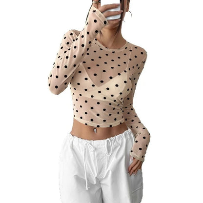Crop Top à Pois Femme – Maille et Manches Longues