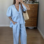 Ensembles deux pièces T-Shirt court haut + pantalons longs pour  femmes