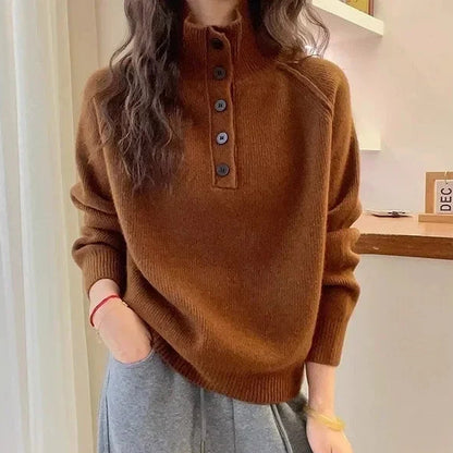 Pull Épais Femme – Col Montant et Demi-Boutonnage