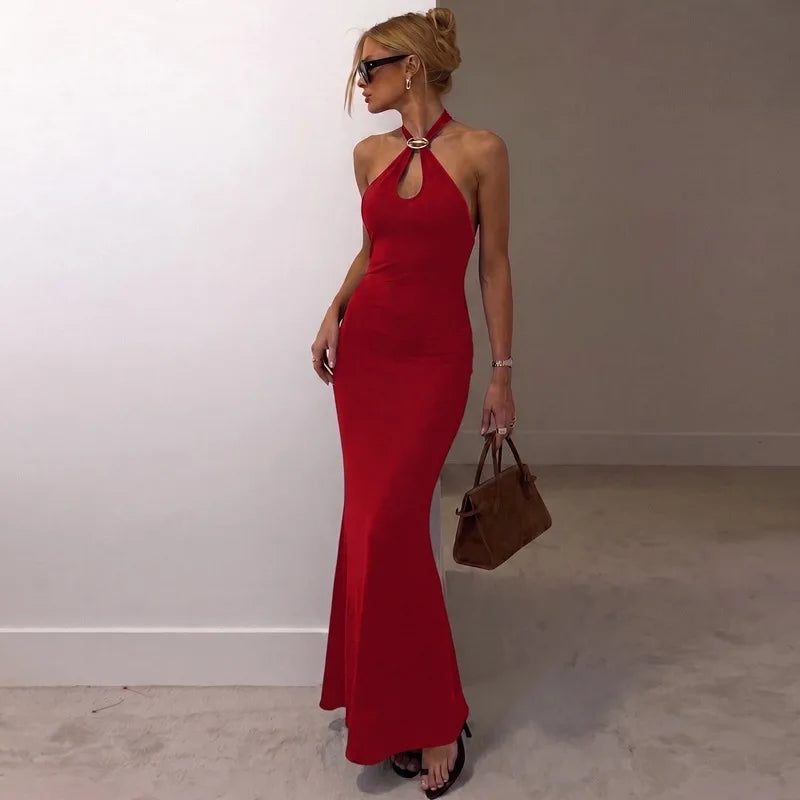 Robe longue dos nu sans manches à col halter sexy pour femmes