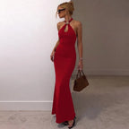 Robe longue dos nu sans manches à col halter sexy pour femmes