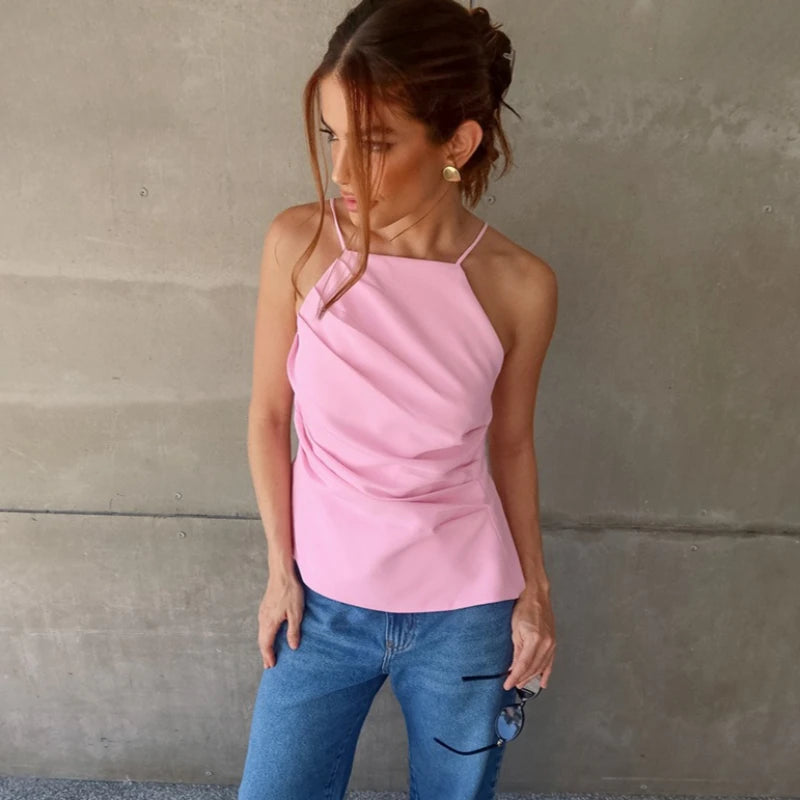 Débardeur rose sexy dos nu à lacets pour femmes