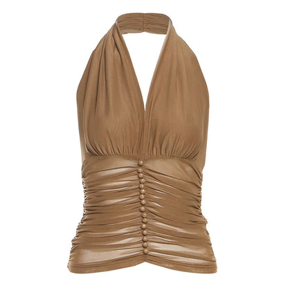 Débardeur Court Femme – Maille Patchwork, Col Licou et Perles
