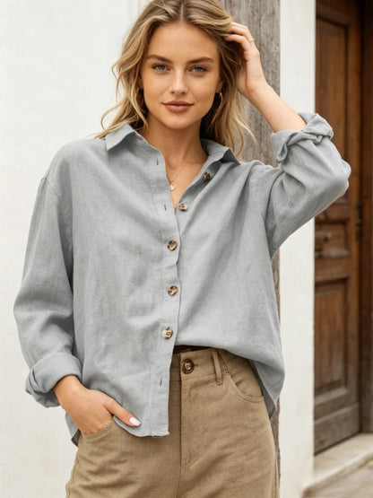 Chemise en Lin Femme – Col Rabattu et Manches Longues