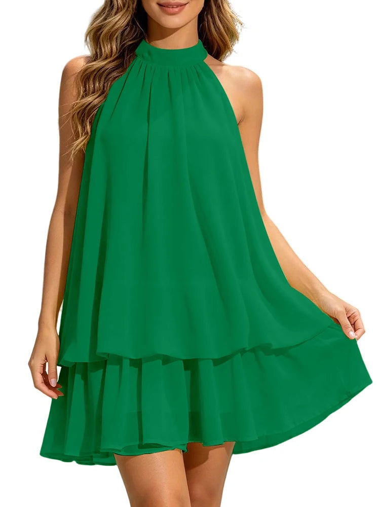 Robe Courte Femme – Mousseline, Col Licou et Dos Nu
