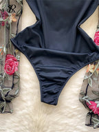Bodys vintage broderie gaze col montant à manches longues pour femmes