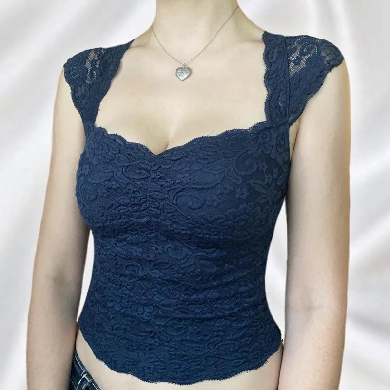 Débardeur court en dentelle florale bleue pour femmes