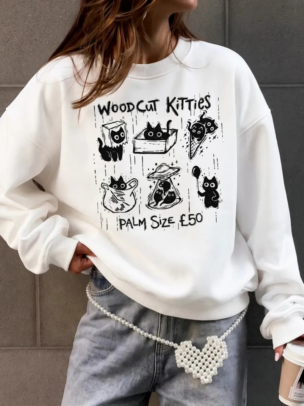 Sweat-shirt à capuche femme à col rond, imprimé chatons de poche pour femmes