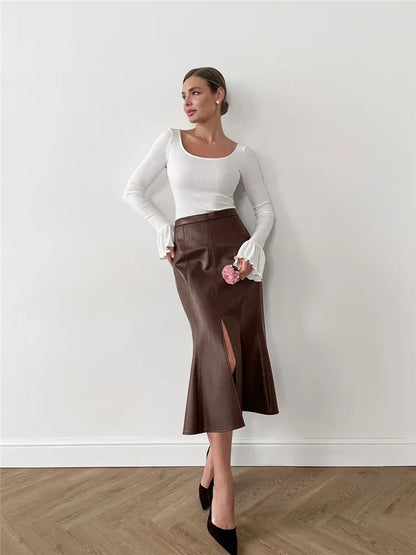 Jupe Midi Femme Effet Cuir à Coupe Sirène