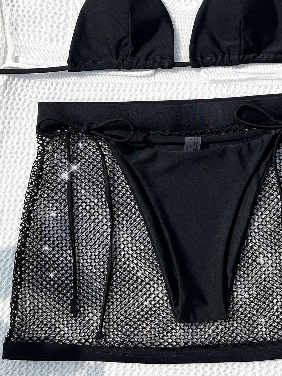 Maillots de bain trois pièces avec damant brillant résille jupe micro pour femmes