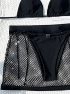 Maillots de bain trois pièces avec damant brillant résille jupe micro pour femmes