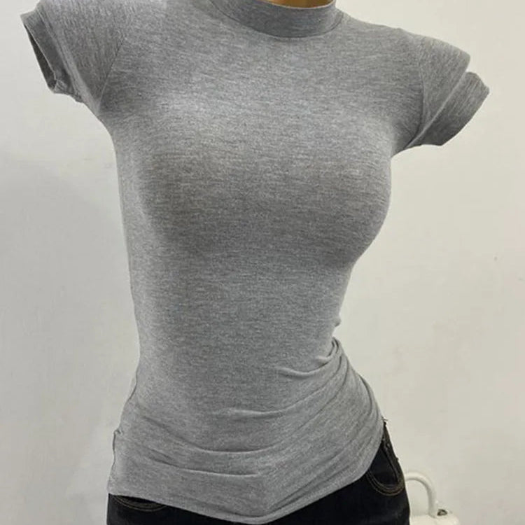 T-shirt à col mi-haut transparent à manches courtes pour femmes