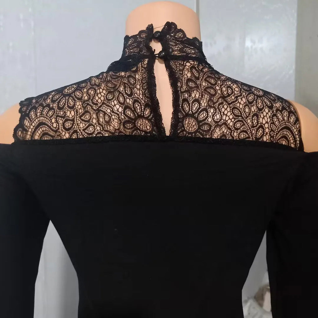 Body en dentelle à manches longues et épaules dénudées pour femmes