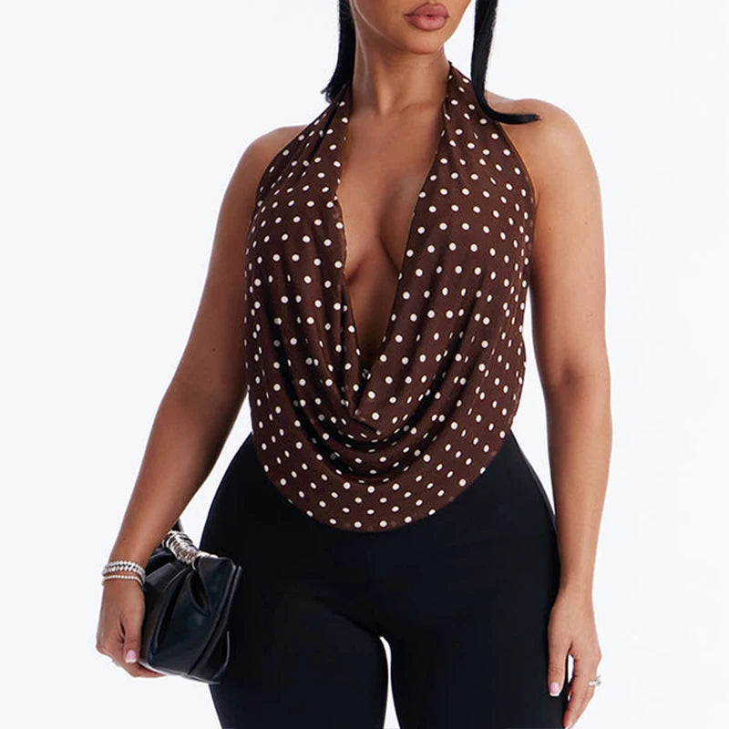 Débardeur à Pois Femme – Col Halter et Dos Nu