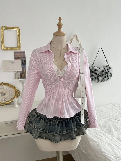 Chemisier Rayé Femme – Taille Froncée et Col Élégant