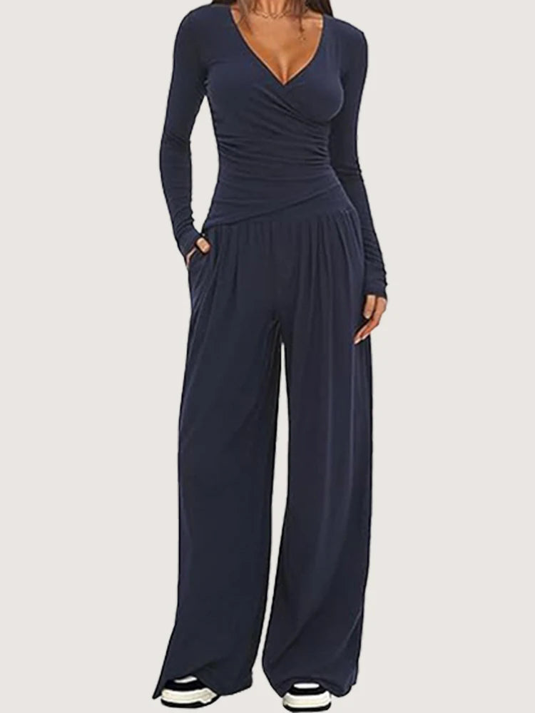 Ensemble deux pièces pantalon à jambes larges et haut à manches longues pour femmes