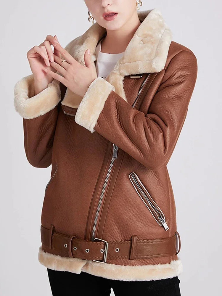 Manteaux épais en faux cuir fourrure en peau de mouton pour femmes
