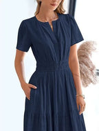 Robe longue plissée élégante style français à col en V pour femmes