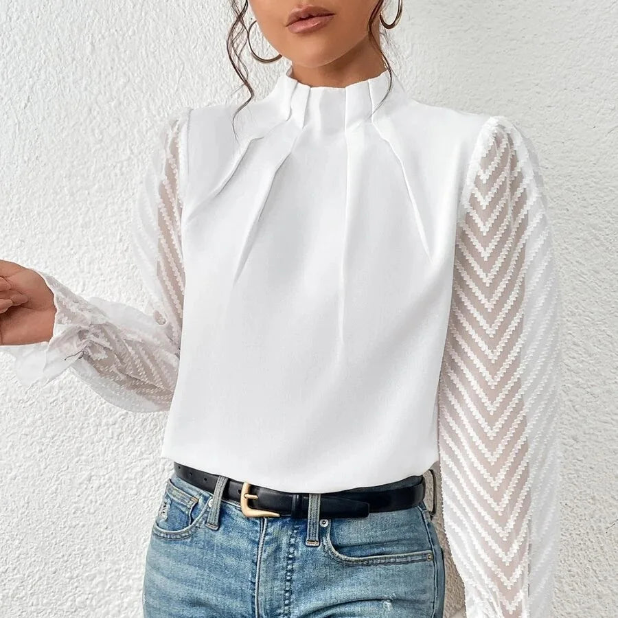 Chemise en dentelle plissée et manches longues pour femmes