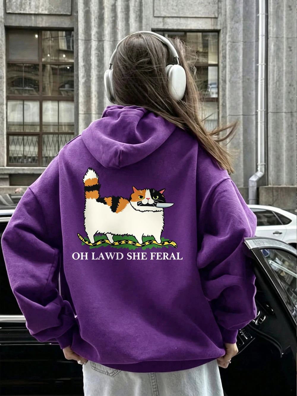 Sweat à capuche imprimé motif chat, couteau et serpent pour femmes