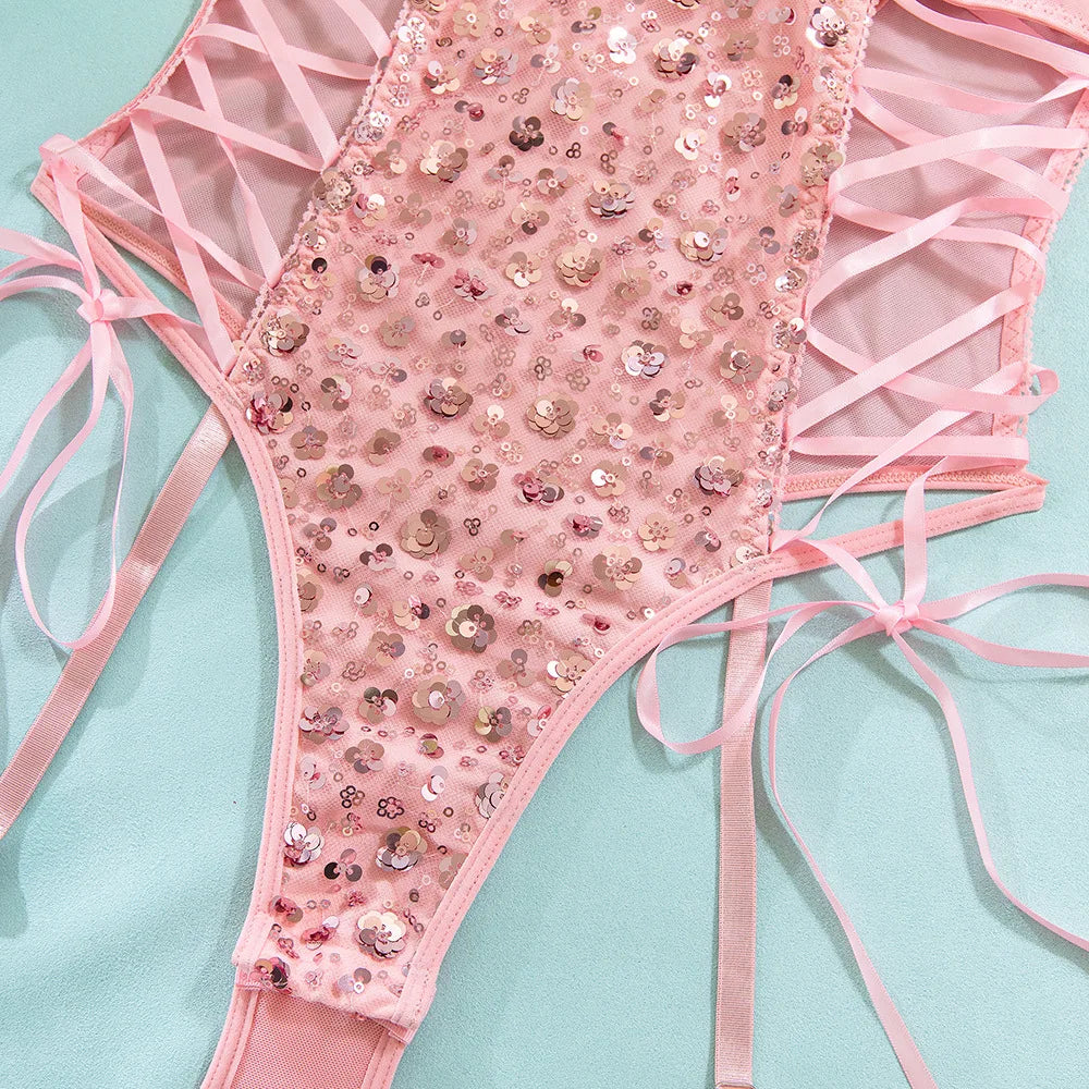 Body rose paillettes moulant pour femmes