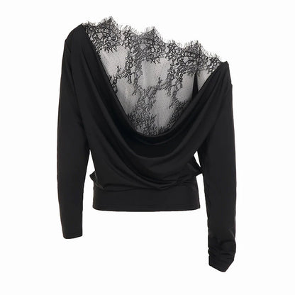 T-shirt Vintage Femme – Col Asymétrique et Dentelle