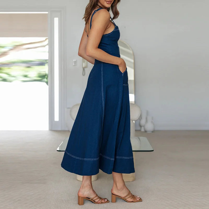 Robe vintage boutonnée à bretelles décontractées pour femmes