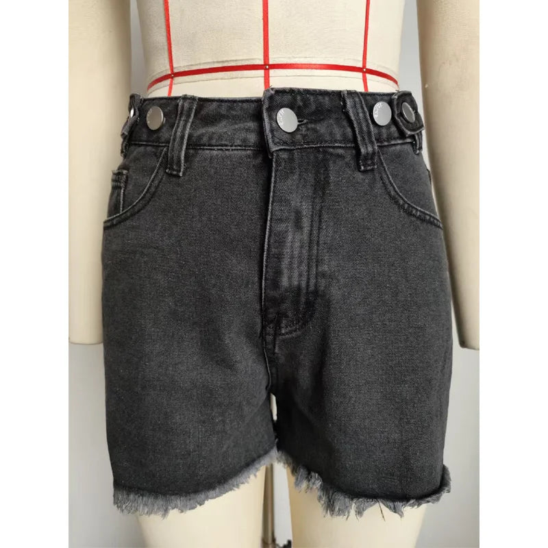 Short en jean décontracté délavé à ourlet frangé pour femmes