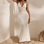 Robe longue moulante en crochet ajouré sans manches à col halter pour femmes