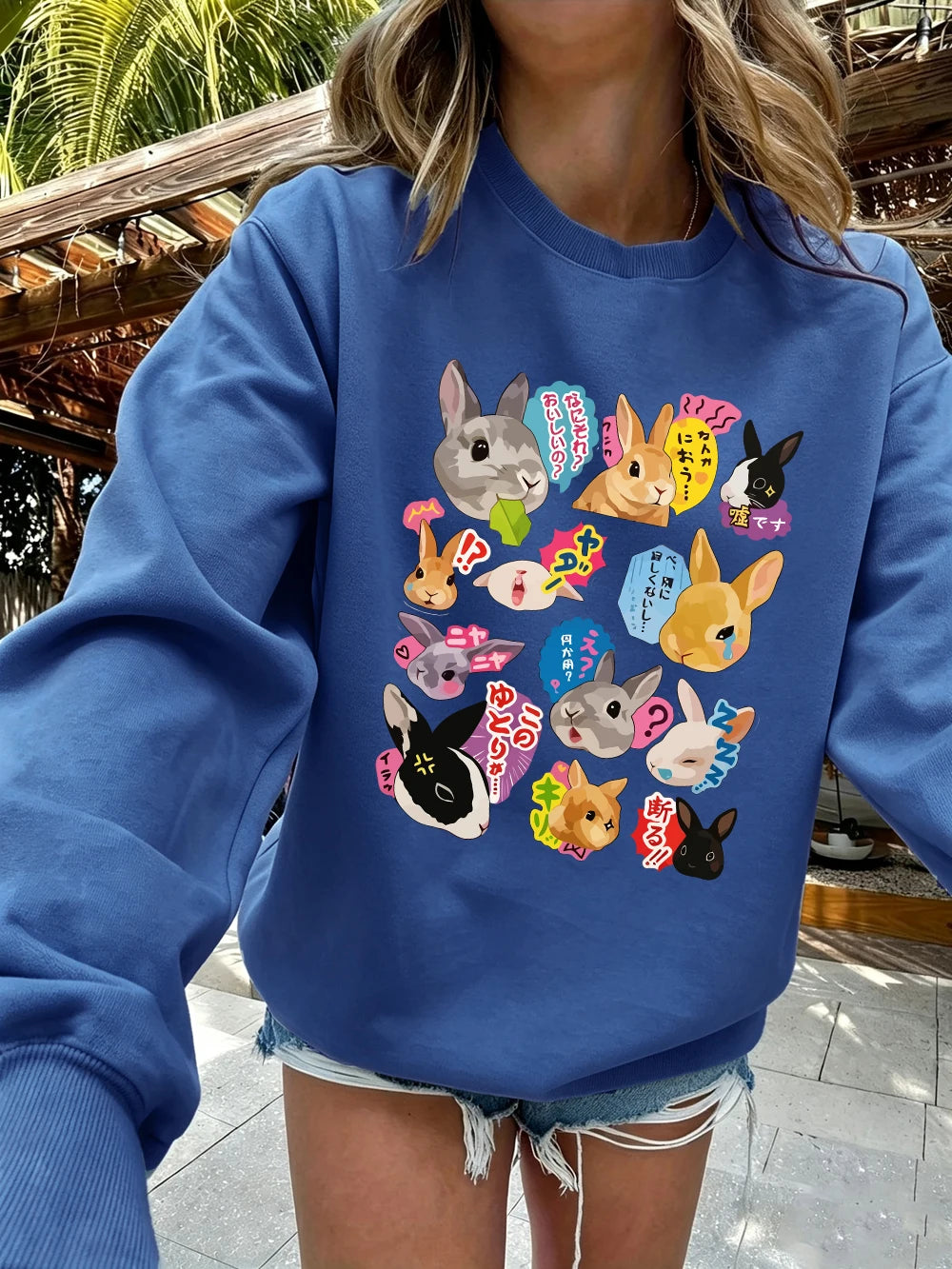 Sweat-shirts à imprimés lapins japonais pour femmes