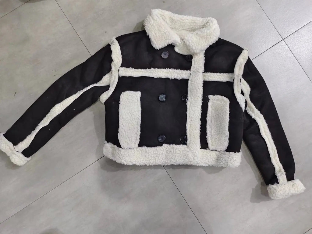 Veste courte en cuir PU patchwork pour femmes