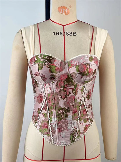 Top corset femme rétro à imprimé roses roses