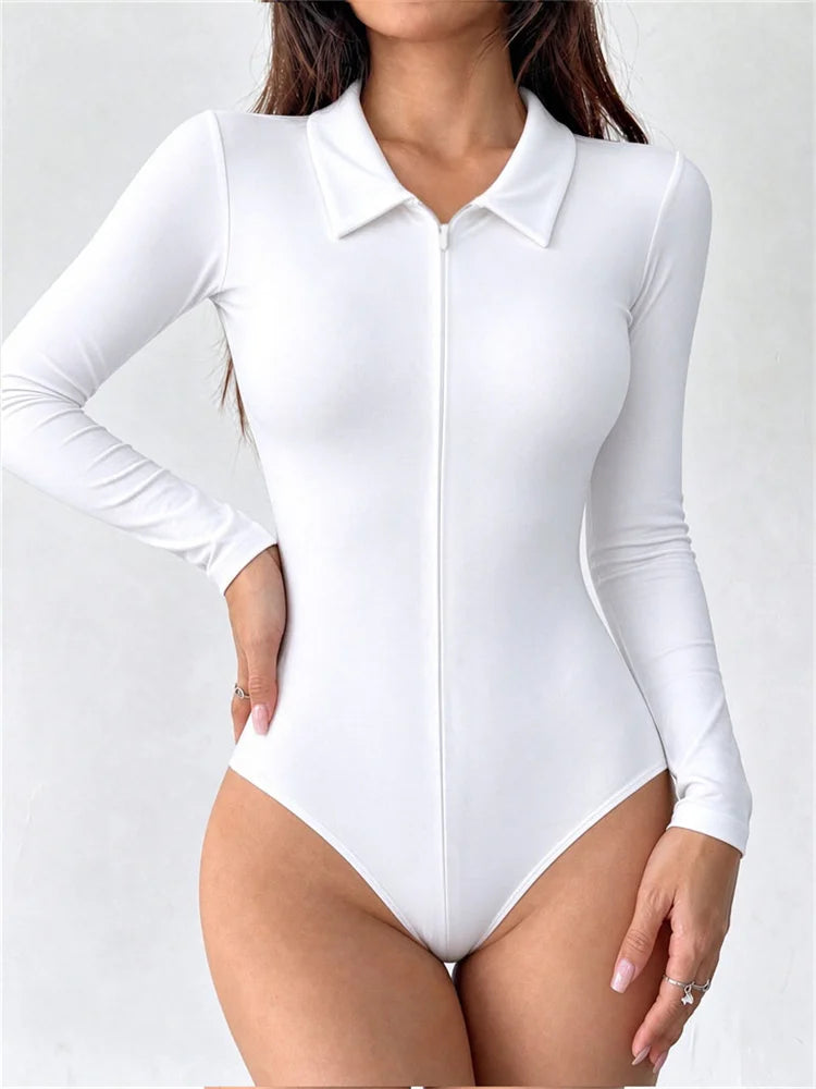 Body Femme Col Polo Zippé à Manches Longues