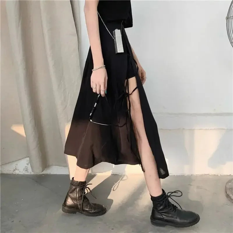 Jupe fendue mi-mollet style gothique sombre vintage pour femmes