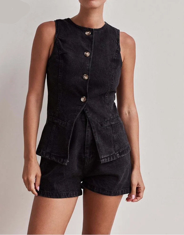 Ensemble deux pièces en jean débardeur sans col, short à poches pour femmes
