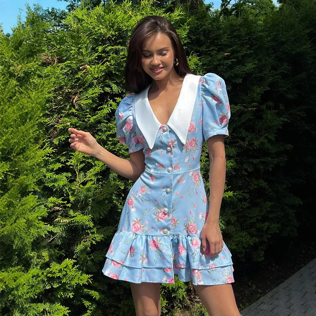 Robe d'été imprimée à manches bouffantes et à volants pour femmes