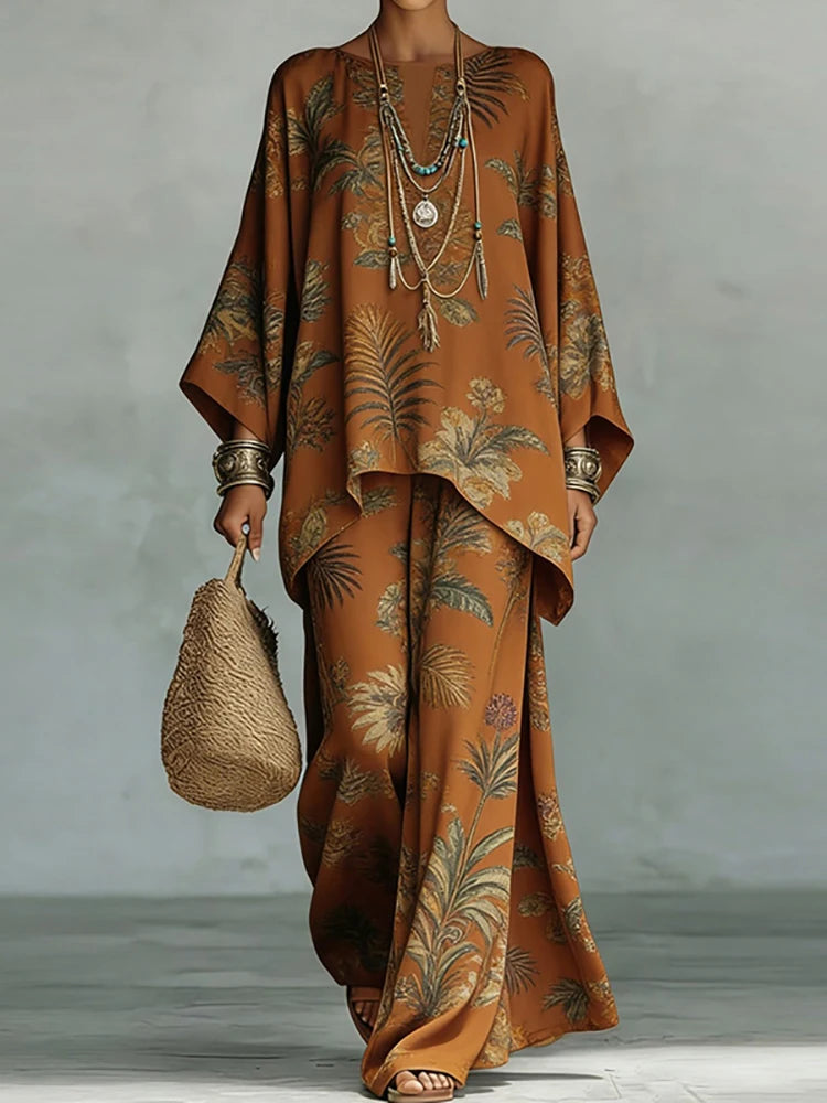 Ensemble 2 pièces haut à col rond et pantalon large pour femmes