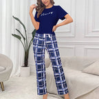 Ensemble de pyjama 2 pièces à imprimé lettre t-shirt doux et confortable et pantalon long à carreaux pour femmes
