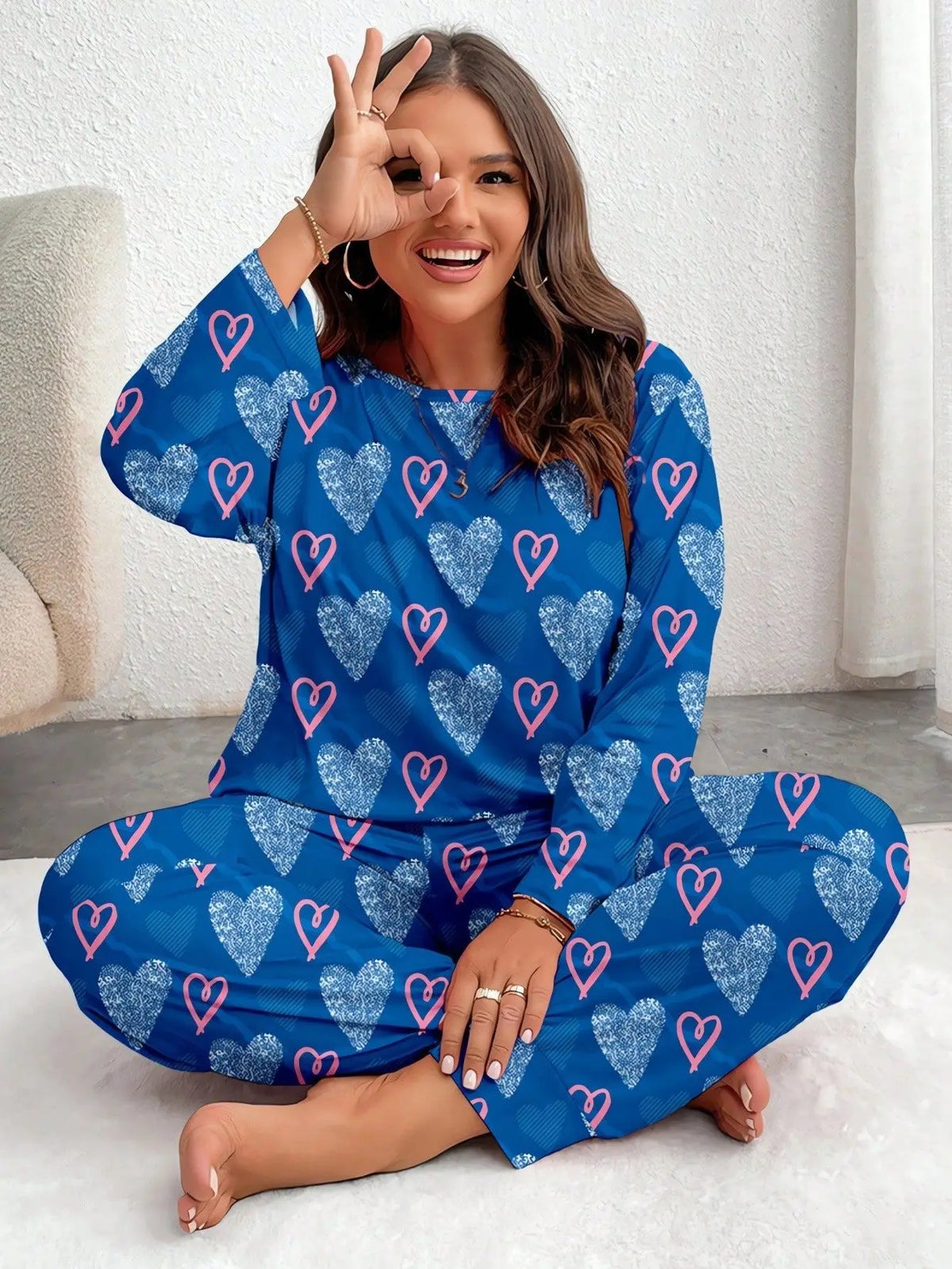 Pyjama Grande Taille Femme – Cœurs Roses et Pantalon Long
