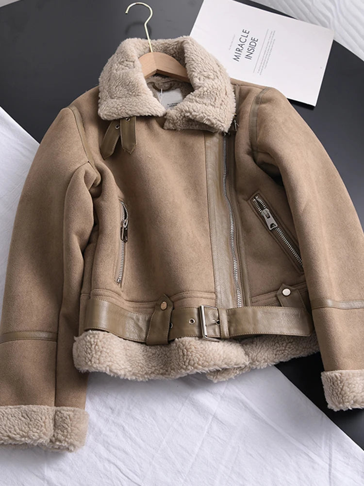 Veste courte épais en daim agneau pour femmes