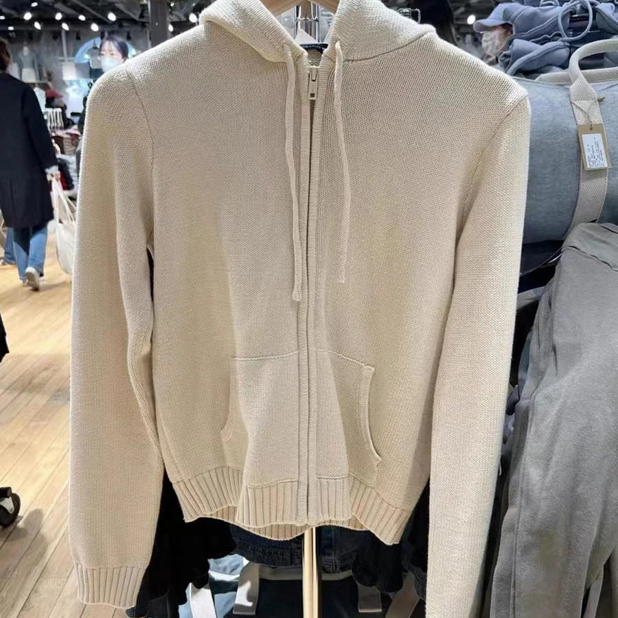 Cardigan tricoté en coton à capuche avec cordon de serrage et fermeture éclair pour femmes