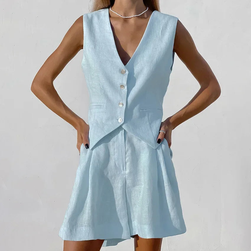 Ensemble débardeur et short en coton et lin pour femmes
