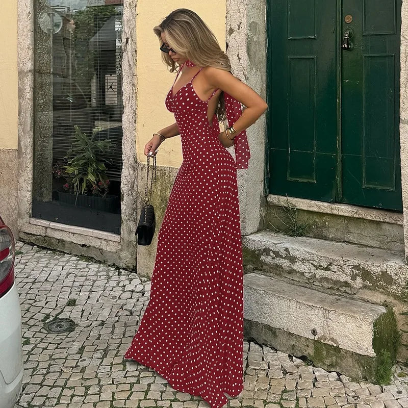 Robe longue slim noire à pois pour femmes