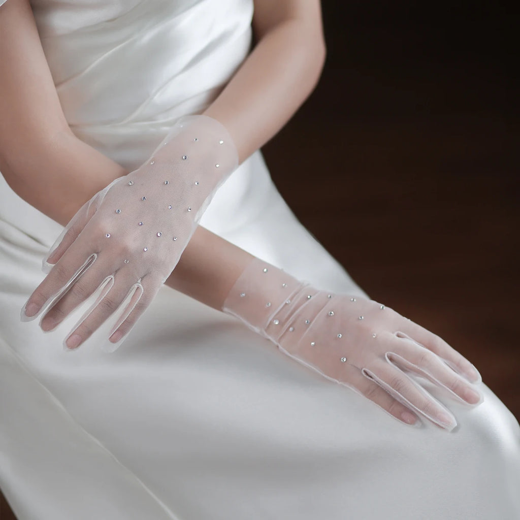 Gants blancs en cristal de tulle doux pour femmes